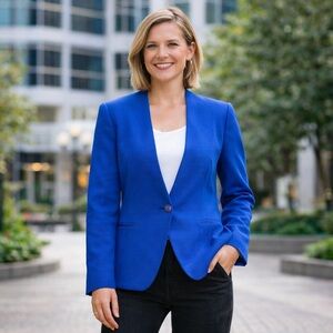 BARONESS Vintage‎ Blazer Blue Padded Shoulders Made In USA Career Jacket Size 10